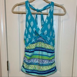 Land’s End Turquoise Multi-color Boho mixed print halter ruched side swim top…